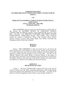 AGREEMENT BETWEEN SOUTHERN BRANCH OF ASSOCIATED GENERAL CONTRACTORS OF INDIANA AND OPERATIVE PLASTERERS & CEMENT MASONS INTERNATIONAL ASSOCIATION