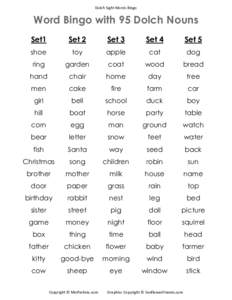 Dolch Sight Words Bingo  Word Bingo with 95 Dolch Nouns Set1  Set 2