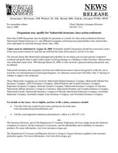 News Release: Oregonians may qualify for Nationwide insurance class-action settlement