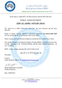 ‫مجلس األئمة لوالية وكتوريا‬ Board of Imams Victoria (BOIV) (Affiliated with the Australian National Imams Council- ANIC) In the name of Allah SWT, the Most Gracious and the Most Merciful.