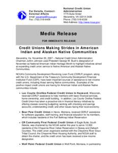 Media Release - Credit Unions Making Strides in American Indian and Alaskan Native Communities