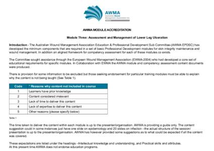 AWMA MODULE ACCREDITATION Module Three: Assessment and Management of Lower Leg Ulceration Introduction - The Australian Wound Management Association Education & Professional Development Sub Committee-(AWMA EPDSC) has dev