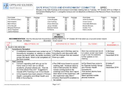 SAFE PRACTICES AND ENVIRONMENT COMMITTEE  SPEC Minutes of the Safe Practices & Environment Committee meeting held on Tuesday, 14th October 2014 at 2:00pm in the Upstairs Meeting Room 1, Leongatha Campus and via telephone