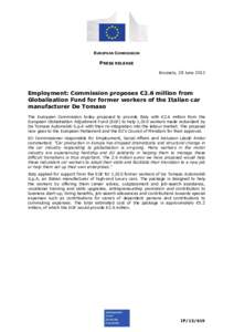 EUROPEAN COMMISSION  PRESS RELEASE Brussels, 28 June[removed]Employment: Commission proposes €2.6 million from