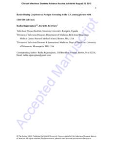 Clinical Infectious Diseases Advance Access published August 23, 2012  Reconsidering Cryptococcal Antigen Screening in the U.S. among persons with Ac