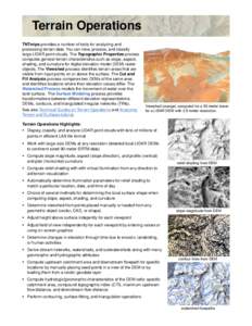 Terrain Operations TNTmips provides a number of tools for analyzing and processing terrain data. You can view, process, and classify large LIDAR point clouds. The Topographic Properties process computes general terrain c