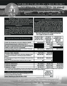 Newburgh enlarged City School DistrIct  BOLETIN DE PRESUPUESTO DE[removed]Información sobre el Presupuesto Escolar y el Presupuesto de la Biblioteca  Martes 20 de mayo de[removed]del día a 9:00 p.m.