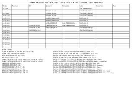 TÜRKÇE ÖĞRETMENLIĞI BÖLÜMÜ 2. SINIFBAHAR YARIYILI DERS PROGRAMI Saatler Pazartesi  Salı