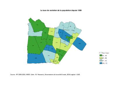 Le taux de variation de la population depuis 1999 L’  Source : RP, INSEE. Carte : M. Pavasovic, Observatoire de la société locale, 2014.Logiciel : QGIS. 