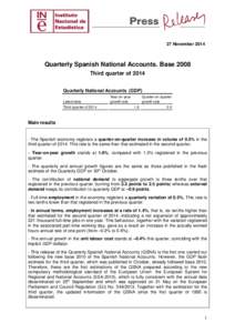 27 November[removed]Quarterly Spanish National Accounts. Base 2008 Third quarter of 2014 Quarterly National Accounts (GDP) Latest data