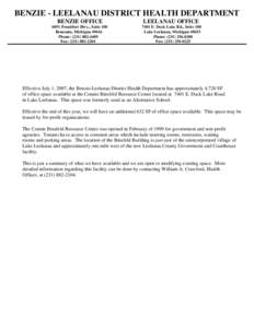 BENZIE - LEELANAU DISTRICT HEALTH DEPARTMENT BENZIE OFFICE LEELANAU OFFICE[removed]Frankfort Hwy., Suite 100