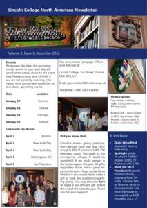 Lincoln College North American Newsletter  Volume 1, Issue 1: December 2012 Events  Please save the dates for upcoming