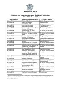 Minister for Environment and Heritage Protection Ministerial Diary June 2014