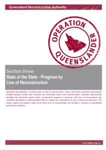 Sec on three:  State of the State - Progress by Line of Reconstruction Opera on Queenslander  is  centred  along  six  lines  of  reconstruc on:  Human  and  Social,  Economic,  Environment,  Building  Re