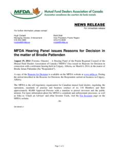 News release - MFDA Hearing Panel issues Reasons for Decision in the matter of Brodie Pattenden