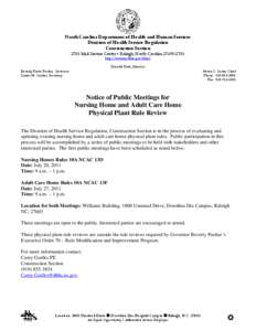 NC DHSR CNST: Notice of Public Meetings for Nursing Home and Adult Care Home Physical Plant Rule Review