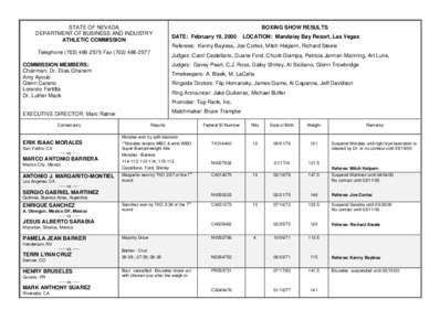 STATE OF NEVADA DEPARTMENT OF BUSINESS AND INDUSTRY ATHLETIC COMMISSION BOXING SHOW RESULTS DATE: February 19, 2000