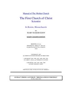 Manual of The Mother Church  The First Church of Christ Scientist In Boston, Massachusetts BY