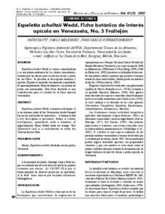 Vit, P., Meléndez, P., Schwartzenberg, J. Espeletia schultzii Wedd. Ficha botánica de interés apícola en Venezuela, No. 5 Frailejón.