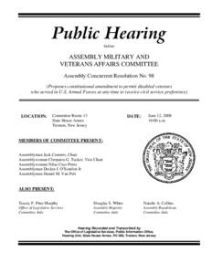 Public Hearing before ASSEMBLY MILITARY AND VETERANS AFFAIRS COMMITTEE Assembly Concurrent Resolution No. 98