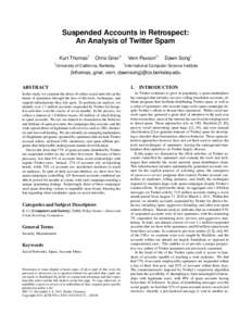 Suspended Accounts in Retrospect: An Analysis of Twitter Spam † Kurt Thomas †