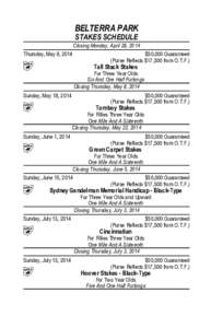 BELTERRA PARK STAKES SCHEDULE Closing Monday, April 28, 2014 Thursday, May 8, 2014