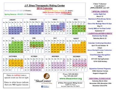Client/ Volunteer Cancellation # ([removed]ext 127 J.F. Shea Therapeutic Riding Center 2014 Calendar