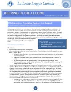 Fall 2012 for Health Professionals in the LLLoop  Milk Expression: Translating Evidence into Support