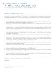 CARTA DEL COMITÉ DE AUDITORÍA  Y PRÁCTICAS SOCIETARIAS Al Consejo de Administración de Grupo Lala, S.A.B. de C.V.