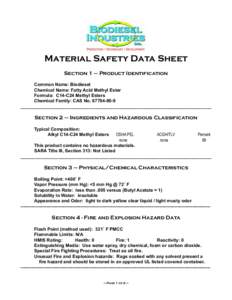 Material Safety Data Sheet Section 1 – Product Identification Common Name: Biodiesel Chemical Name: Fatty Acid Methyl Ester Formula: C14-C24 Methyl Esters Chemical Family: CAS No[removed]