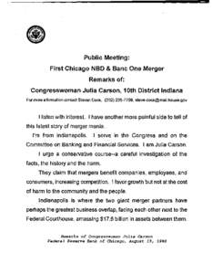 Public Meeting: First Chicago NBD & Bane One Merger Remarks of: Congresswoman  Julia Carson, 10th District Indiana