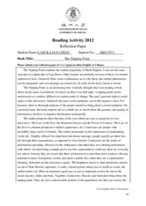 Reading Activity 2012 Reflection Paper Student Name:LAM KA IAN CINDY Book Title:  Student No.: