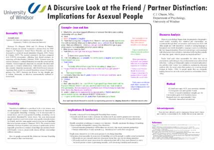 A Discursive Look at the Friend / Partner Distinction: Implications for Asexual People C.J. Chasin, MSc. Department of Psychology, University of Windsor