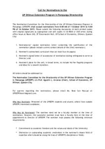 Call for Nominations to the UP Diliman Extension Program in Pampanga Directorship The Nomination Committee for the Directorship of the UP Diliman Extension Program in Pampanga (UPDEPP) shall accept nominations from 8:00 