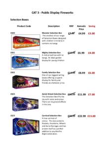 CAT 3 - Public Display Fireworks Selection Boxes Product Code Description