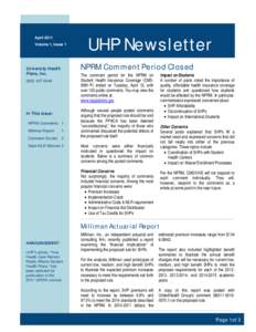April 2011 Volume 1, Issue 1 UHP Newsletter NPRM Comment Period Closed