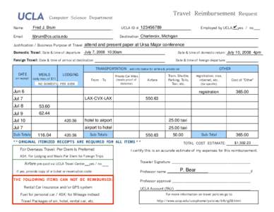 Travel Reimbursement Request  Computer Science Department Name  Fred J. Bruin