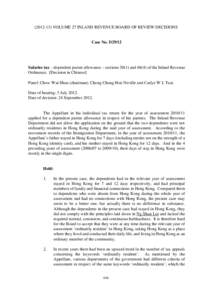 ([removed]VOLUME 27 INLAND REVENUE BOARD OF REVIEW DECISIONS  Case No. D29/12 Salaries tax – dependent parent allowance – sections[removed]and[removed]of the Inland Revenue Ordinance. [Decision in Chinese]
