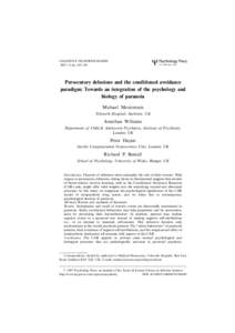 COGNITIVE NEUROPSYCHIATRY 2007, 12 (6), 495510 Persecutory delusions and the conditioned avoidance paradigm: Towards an integration of the psychology and biology of paranoia