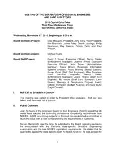 MEETING OF THE BOARD FOR PROFESSIONAL ENGINEERS AND LAND SURVEYORS 2535 Capitol Oaks Drive Third Floor Conference Room Sacramento, California, 95833