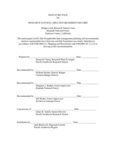 SIGNATURE PAGE for RESEARCH NATURAL AREA ESTABLISHMENT RECORD Bridge Creek Research Natural Area Klamath National Forest Siskiyou County, California