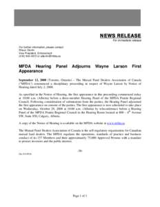 News Release - MFDA Hearing Panel Adjourns Wayne Larson First Appearance