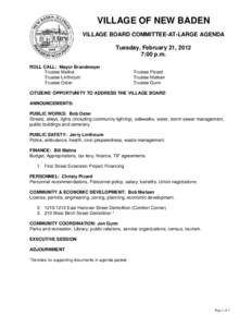 VILLAGE OF NEW BADEN VILLAGE BOARD COMMITTEE-AT-LARGE AGENDA Tuesday, February 21, 2012 7:00 p.m. ROLL CALL: Mayor Brandmeyer Trustee Malina