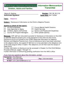 Oregon Department of Human Services, Disclosure of Information on the Child to Adoptive Parent, cw_im_08_018