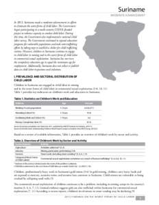 Suriname  MODERATE ADVANCEMENT In 2013, Suriname made a moderate advancement in efforts to eliminate the worst forms of child labor. The Government began participating in a multi-country USDOL-funded