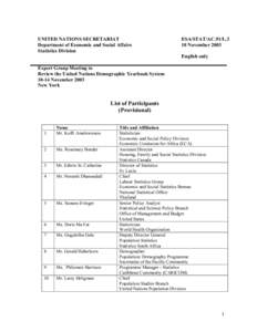 UNITED NATIONS SECRETARIAT Department of Economic and Social Affairs Statistics Division ESA/STAT/AC.91/L.3 10 November 2003