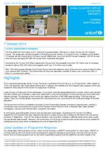 UNICEF CHINA SITUATION REPORT 3  October 2014 CHINA COUNTRY OFFICE SITUATION