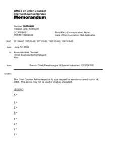 Office of Chief Counsel Internal Revenue Service Memorandum Number: [removed]Release Date: [removed]