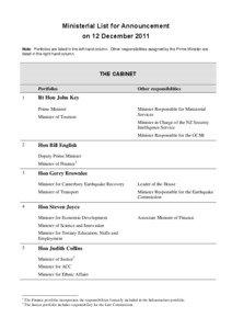 Ministerial List for Announcement on 12 December 2011 Note: Portfolios are listed in the left hand column. Other responsibilities assigned by the Prime Minister are