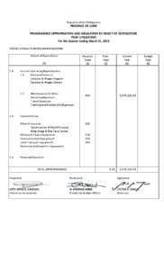 Republic of the Philippines  PROVINCE OF CAPIZ PROGRAMMED APPROPRIATION AND OBLIGATION BY OBJECT OF EXPENDITURE PDAF UTILIZATION For the Quarter Ending March 31, 2013